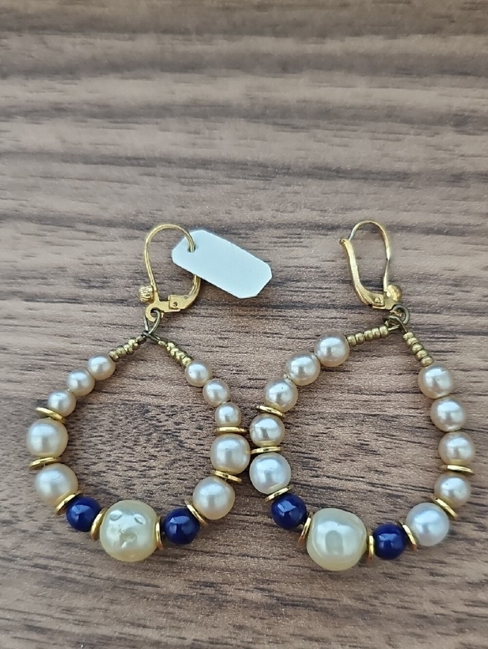 Gold Pearl and Navy Bead Hoop Earrings - Elegant Women's Jewelry